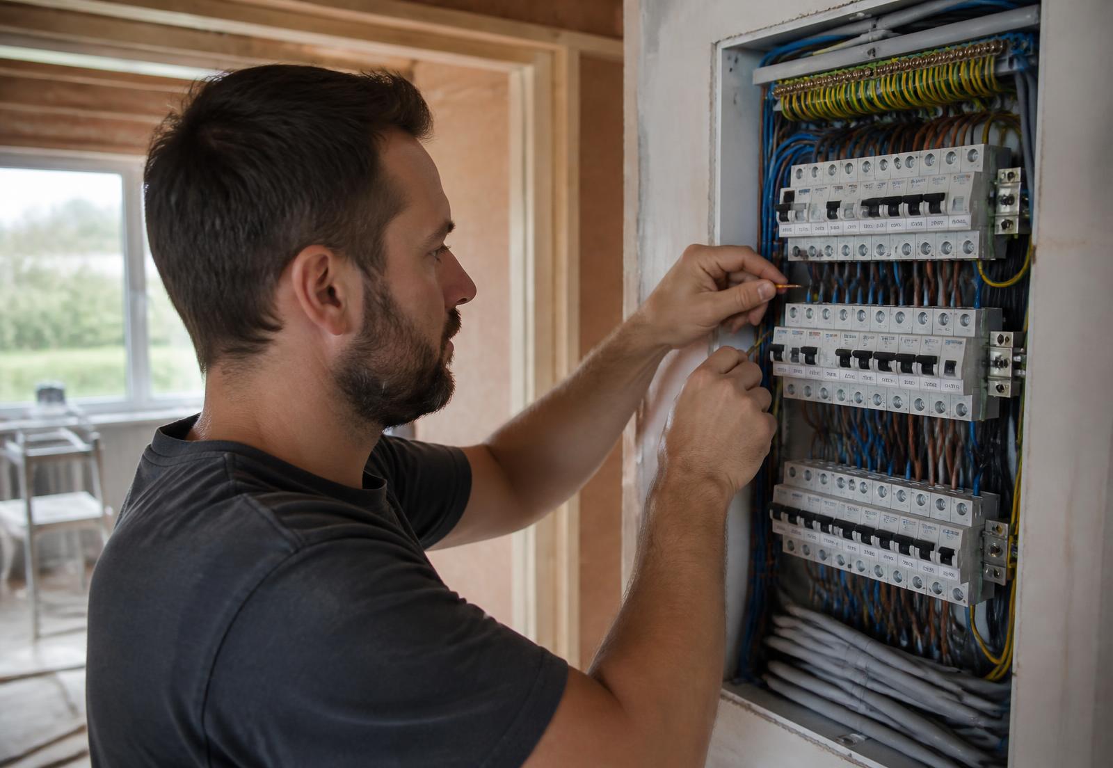 Elektromontér při práci v elektrickém rozvaděči